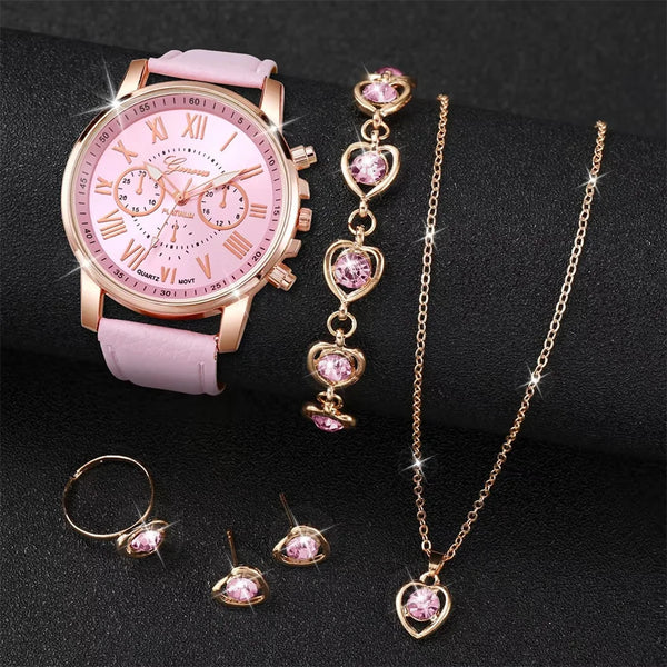 6Pcs/Set Fashion Women'S Quartz Watch Leather Band Analog Wrist Watches Heart Rhinestone Jewelry Set(Without Box)