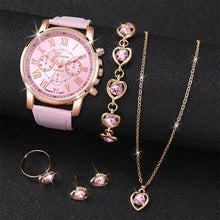 6Pcs/Set Fashion Women'S Quartz Watch Leather Band Analog Wrist Watches Heart Rhinestone Jewelry Set(Without Box)